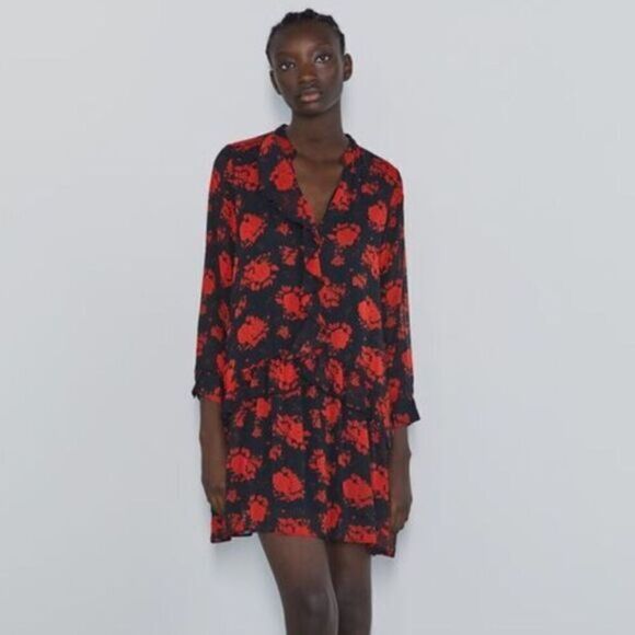 Zara Rose Floral Print Black Red Tiered Ruffle Dress - Picture 1 of 9